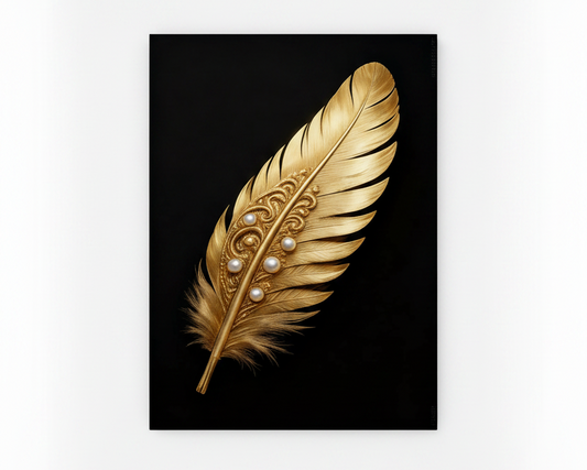 Golden angel feather with pearl embellishments canvas wall art print on black background flat lay on white background - Portugal Canvas Co