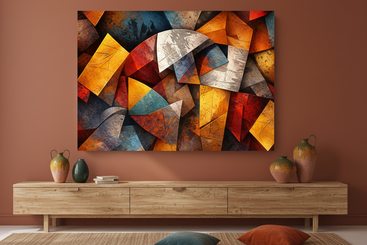 Modern abstract geometric canvas wall art displayed on terracotta wall above wooden sideboard in warm Mediterranean bohemian living room - Portugal Canvas Co