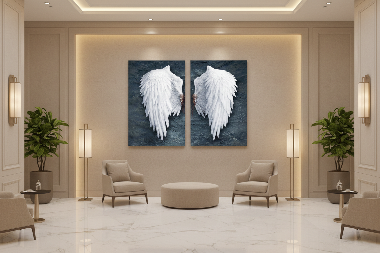 White angel wings diptych canvas wall art displayed on the feature wall of a grand luxury hotel lobby with marble floors and soft ambient lighting - Portugal Canvas Co