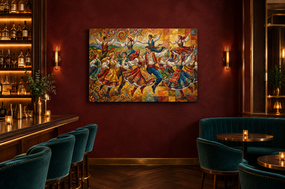 Colourful traditional folk dancers canvas displayed in an elegant cocktail bar - Portugal Canvas Co