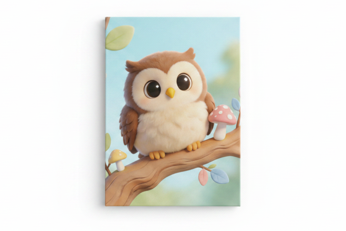 Cute cartoon owl canvas print flat lay on white background, top-down overhead view, no frame - Portugal Canvas Co
