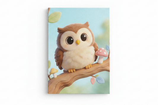 Cute cartoon owl canvas print flat lay on white background, top-down overhead view, no frame - Portugal Canvas Co