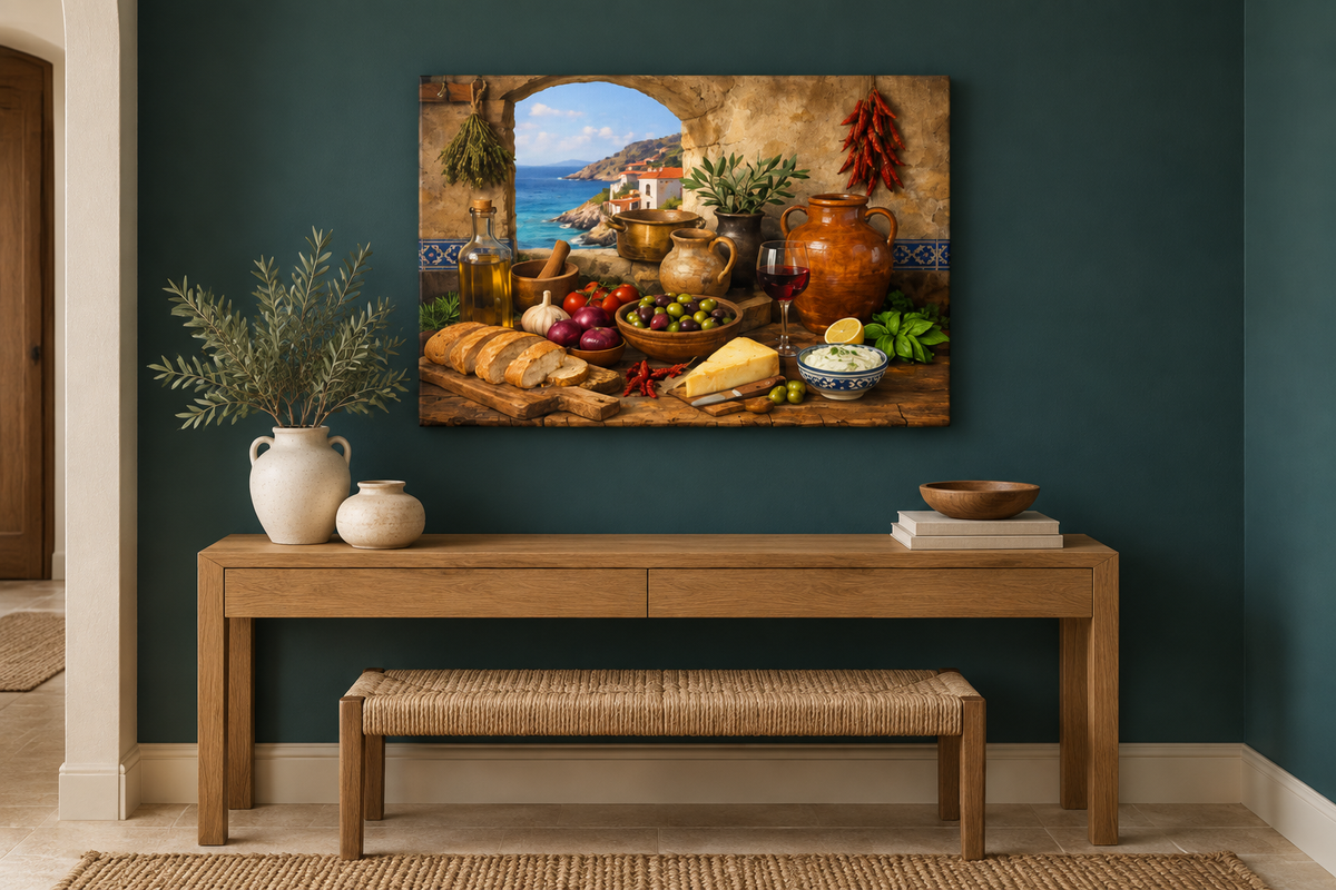 Mediterranean coastal still life canvas displayed in a deep teal hallway - Portugal Canvas Co