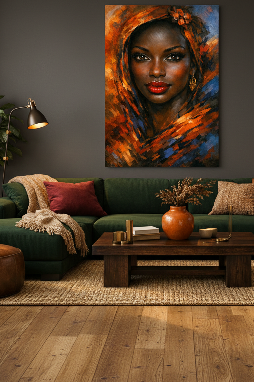 Vibrant African portrait woman orange headscarf canvas wall art on a charcoal grey wall in a dark moody living room with velvet sofa and brass accents - Portugal Canvas Co