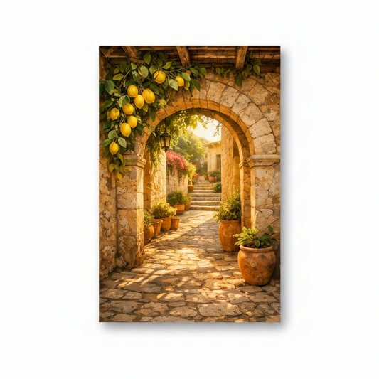 Mediterranean stone archway with lemon branches and terracotta pots canvas wall art on white background - Portugal Canvas Co