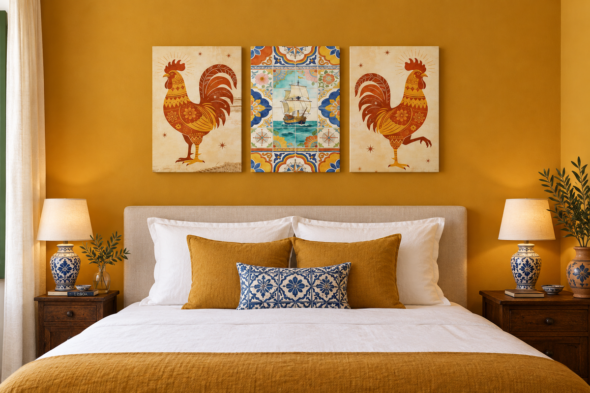 Portuguese rooster and sailing ship canvas triptych above a bed in a mustard ochre guesthouse bedroom - Portugal Canvas Co