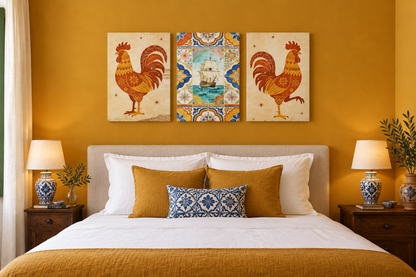 Portuguese rooster and sailing ship canvas triptych above a bed in a mustard ochre guesthouse bedroom - Portugal Canvas Co