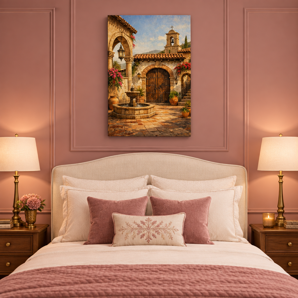 Mediterranean courtyard archway and stone fountain portrait canvas in a dusty rose bedroom - Portugal Canvas Co