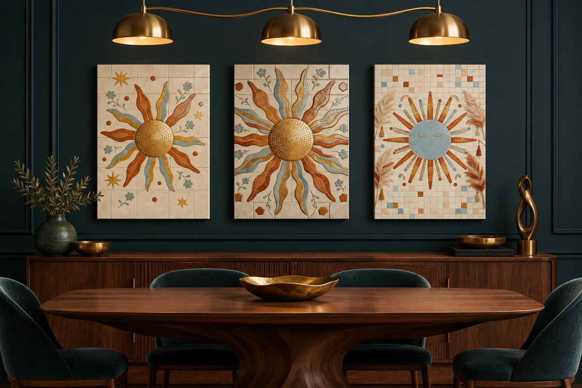 Boho sun mosaic triptych canvas set in a dark teal dining room with brass lighting - Portugal Canvas Co