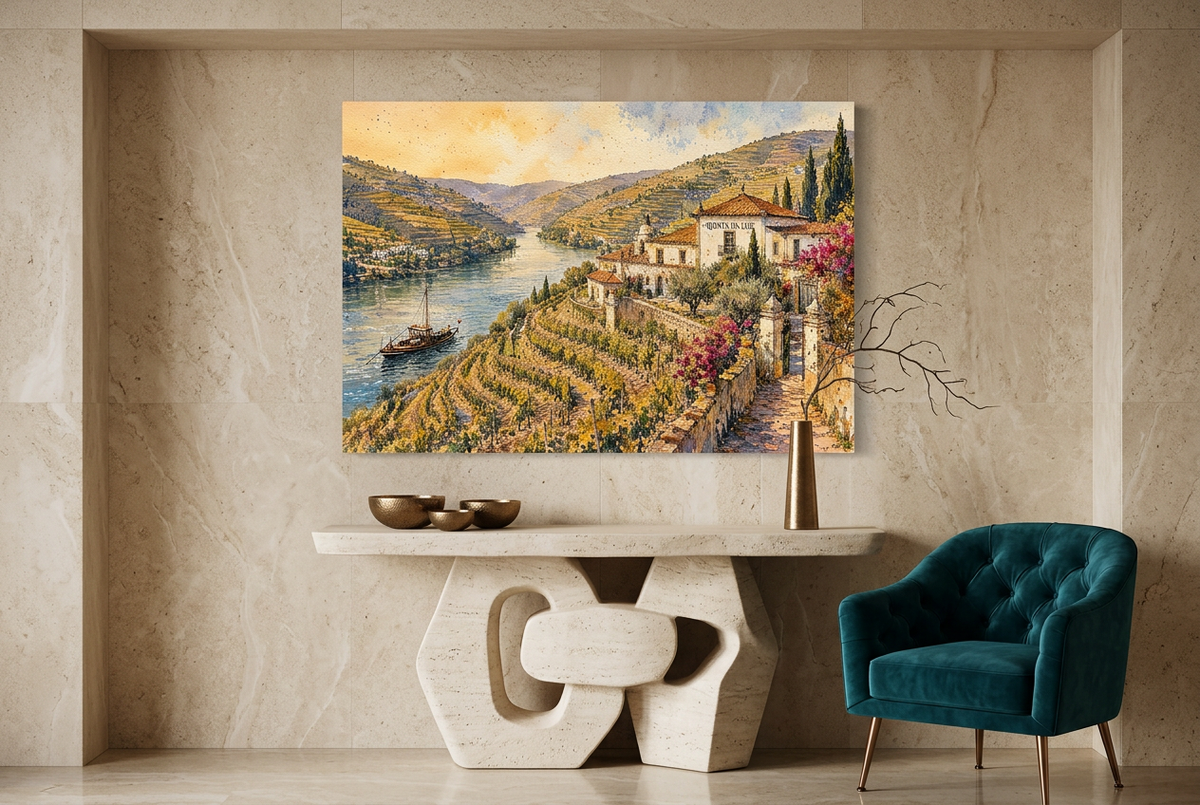 Douro Valley vineyard canvas above a sculptural stone console beside a teal chair - Portugal Canvas Co
