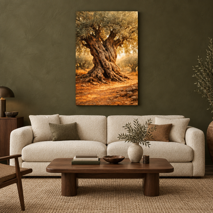 Ancient olive tree canvas above a cream sofa against an olive living room wall - Portugal Canvas Co