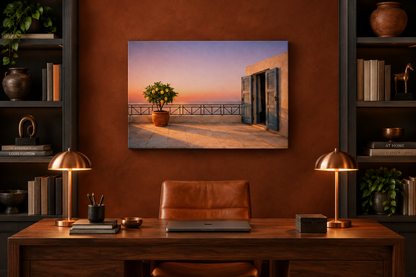 Lemon tree terrace canvas in a sienna and charcoal office with copper lamps - Portugal Canvas Co