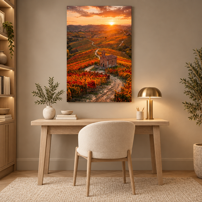 Portrait vineyard sunset canvas above a pale oak desk in a neutral home office - Portugal Canvas Co
