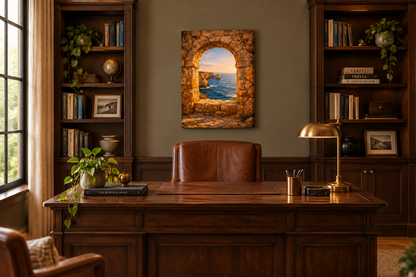 Algarve stone archway sunset canvas wall art above a leather desk chair in a refined home office study - Portugal Canvas Co