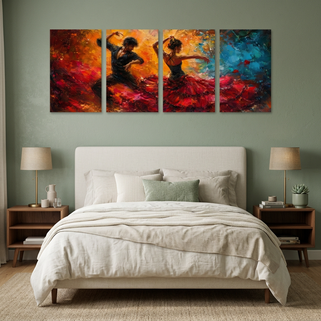 Four-panel flamenco dancer canvas art in a sage green bedroom above an ivory bed - Portugal Canvas Co