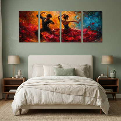 Four-panel flamenco dancer canvas art in a sage green bedroom above an ivory bed - Portugal Canvas Co
