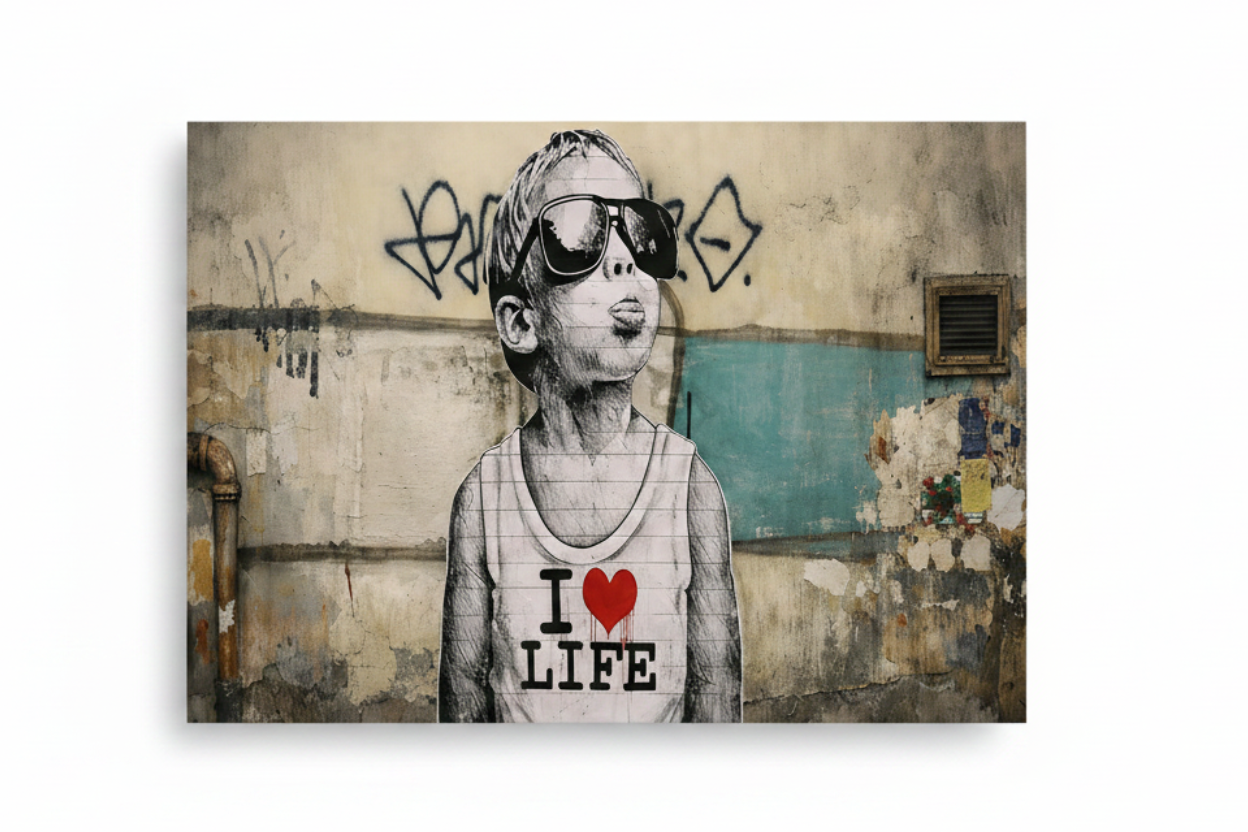 Banksy style graffiti street art canvas of cool boy with sunglasses wearing I Love Life vest on distressed urban wall flat lay on white background - Portugal Canvas Co