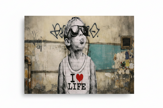 Banksy style graffiti street art canvas of cool boy with sunglasses wearing I Love Life vest on distressed urban wall flat lay on white background - Portugal Canvas Co