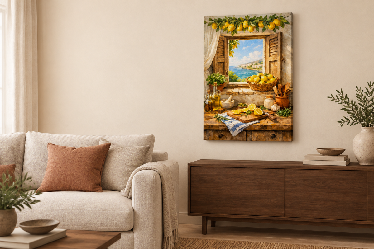 Mediterranean lemon and coastal window canvas displayed in an ivory and terracotta living room - Portugal Canvas Co
