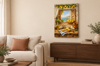 Mediterranean lemon and coastal window canvas displayed in an ivory and terracotta living room - Portugal Canvas Co