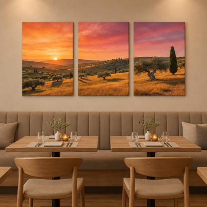 Mediterranean sunset olive grove triptych canvas in a neutral beige restaurant dining room - Portugal Canvas Co