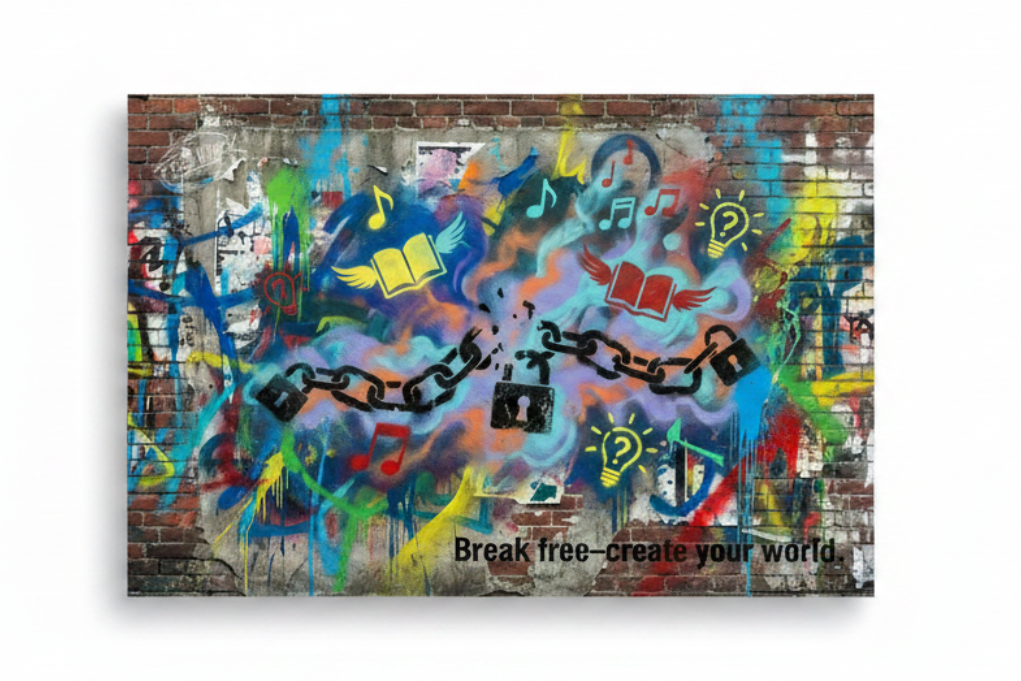 Break Free Create Your World graffiti street art canvas print with broken chain, winged books and lightbulbs, flat lay on white background - Portugal Canvas Co
