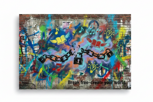 Break Free Create Your World graffiti street art canvas print with broken chain, winged books and lightbulbs, flat lay on white background - Portugal Canvas Co