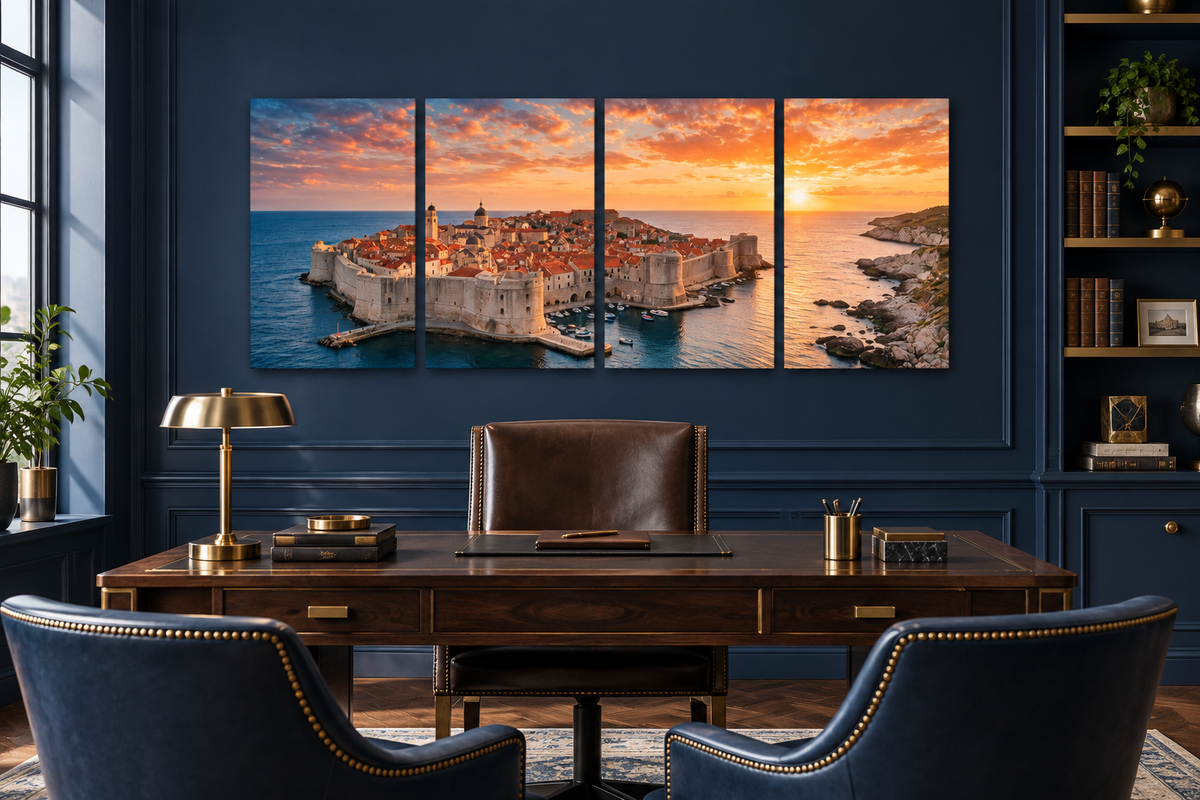 Dubrovnik Sunset four-panel wall art behind a desk in a navy and brass executive study - Portugal Canvas Co