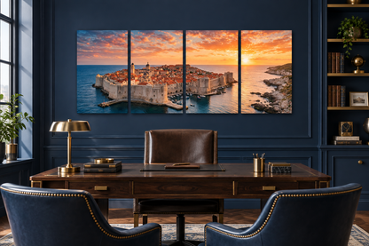 Dubrovnik Sunset four-panel wall art behind a desk in a navy and brass executive study - Portugal Canvas Co