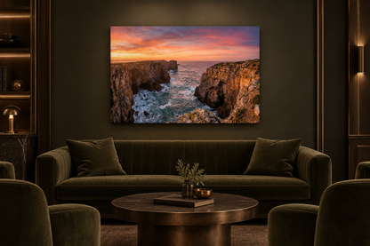 Algarve sunset cliffs canvas above olive velvet seating in a private members club lounge - Portugal Canvas Co