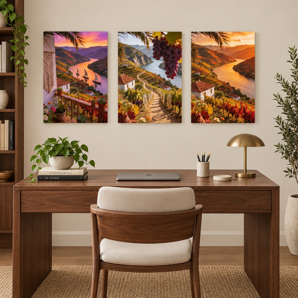 Douro Valley three-panel gallery-wrapped canvas set above a walnut home office desk - Portugal Canvas Co