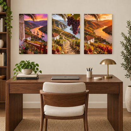 Douro Valley three-panel gallery-wrapped canvas set above a walnut home office desk - Portugal Canvas Co