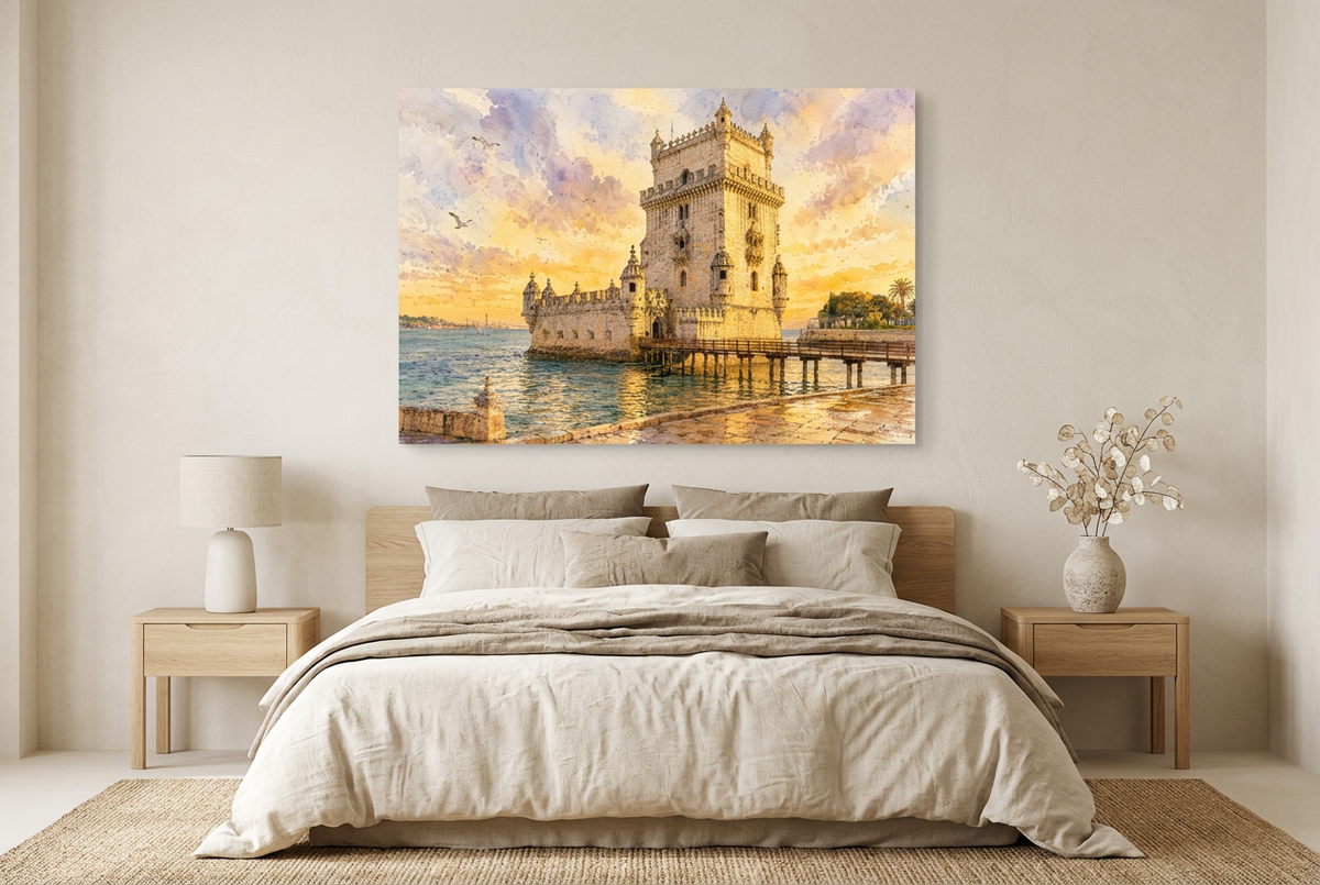 Belém Tower sunset canvas print above a linen bed in a neutral bedroom - Portugal Canvas Co
