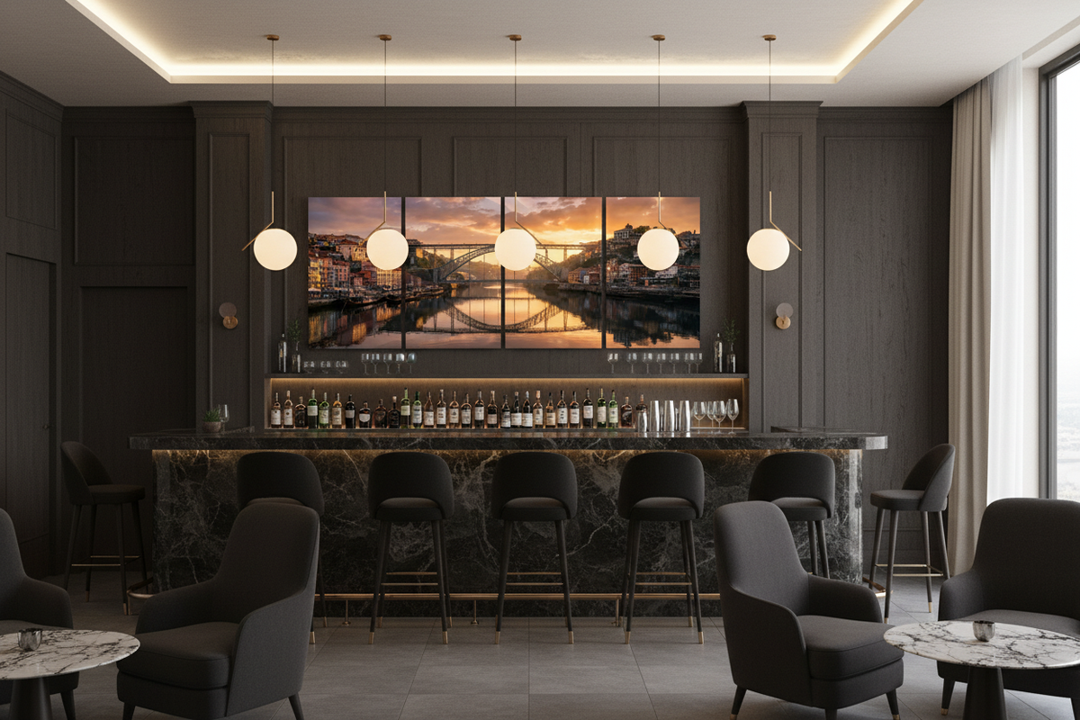 Porto bridge four-panel canvas in a refined hotel bar - Portugal Canvas Co