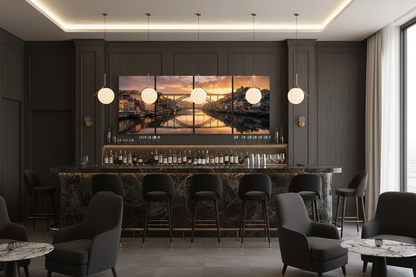 Porto bridge four-panel canvas in a refined hotel bar - Portugal Canvas Co