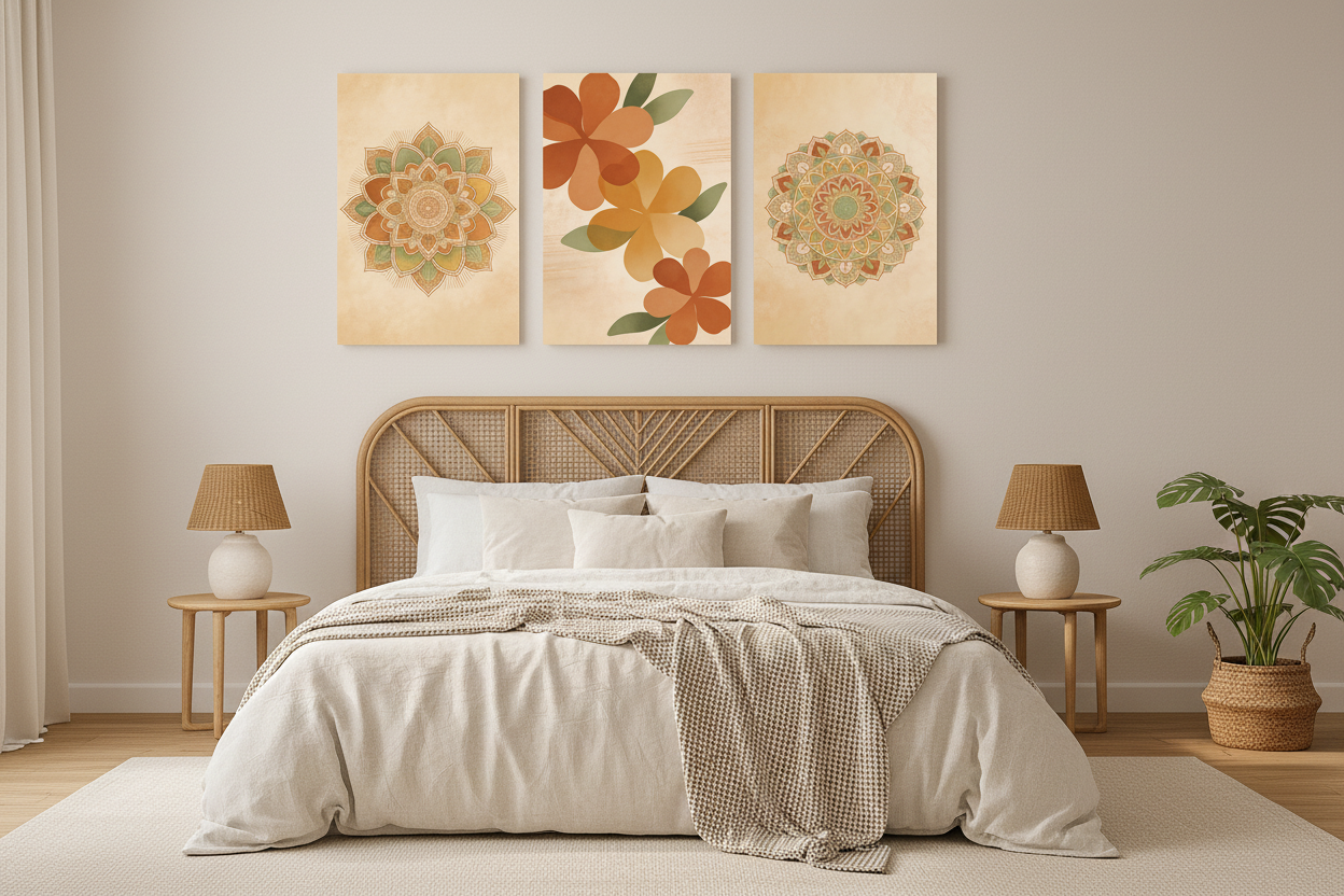 Boho mandala triptych canvas wall art set displayed above the bed in a cosy boho bedroom with linen bedding and rattan headboard - Portugal Canvas Co