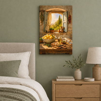Rustic lemon window still life canvas wall art in a sage green bedroom - Portugal Canvas Co