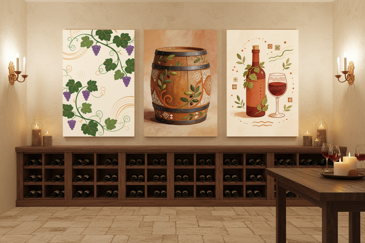 Douro Valley Vineyard Canvas Set triptych on cream wall in an elegant wine cellar tasting room – Portugal Canvas Co