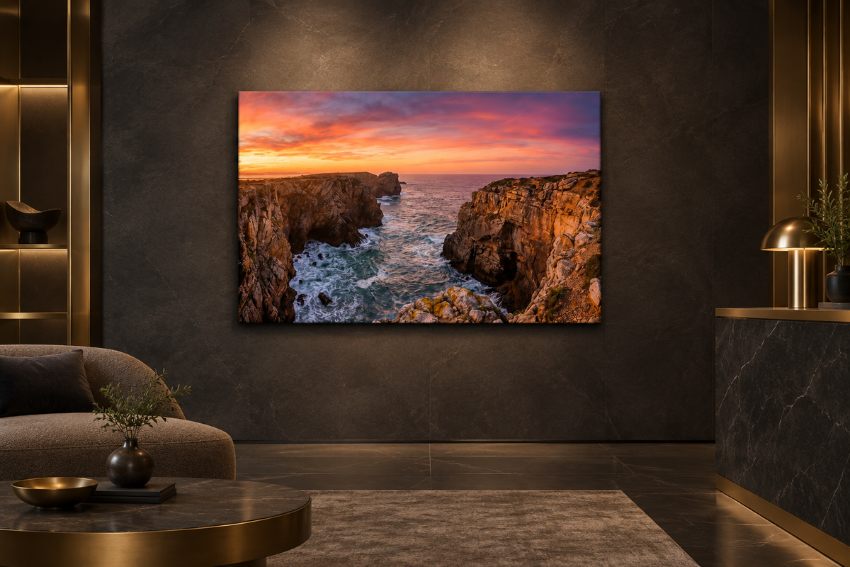 Algarve sunset cliffs canvas on a charcoal wall in a luxury boutique hotel lobby - Portugal Canvas Co