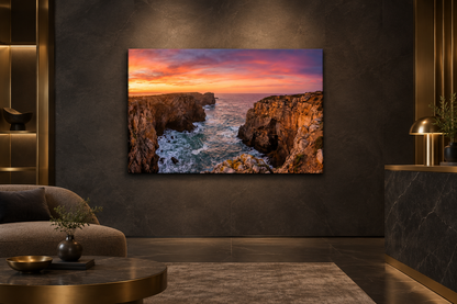 Algarve sunset cliffs canvas on a charcoal wall in a luxury boutique hotel lobby - Portugal Canvas Co