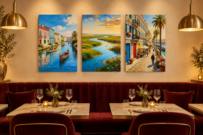 Aveiro three-panel canvas set above burgundy velvet seating in a luxury Portuguese restaurant - Portugal Canvas Co