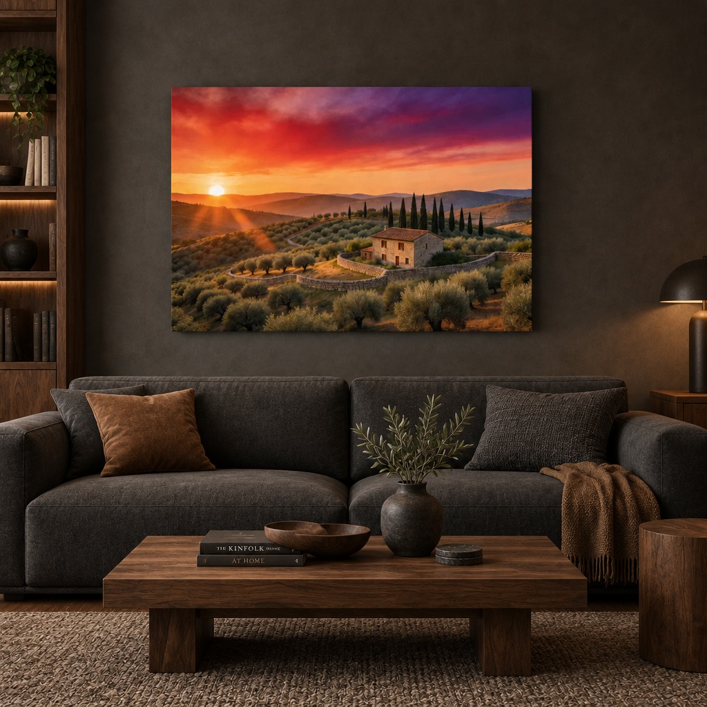 Tuscan-style sunset farmhouse canvas above a charcoal sofa in a moody living room - Portugal Canvas Co