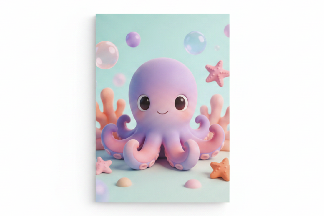 Cute cartoon octopus canvas print flat lay on white background, top-down overhead view, no frame - Portugal Canvas Co