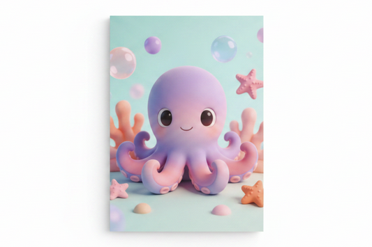 Cute cartoon octopus canvas print flat lay on white background, top-down overhead view, no frame - Portugal Canvas Co