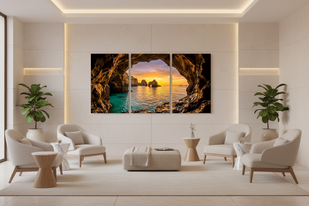 Three-panel Algarve cave sunset canvas triptych in a five-star hotel spa lounge - Portugal Canvas Co