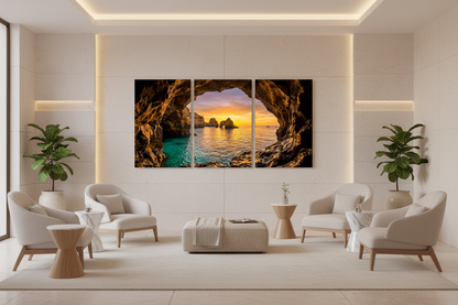 Three-panel Algarve cave sunset canvas triptych in a five-star hotel spa lounge - Portugal Canvas Co