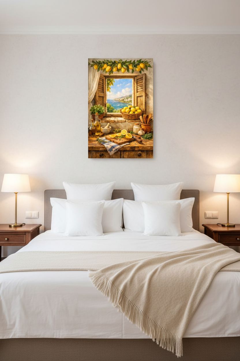 Mediterranean lemon kitchen still life canvas wall art displayed in a luxury boutique hotel bedroom with crisp white linen bedding and warm lighting - Portugal Canvas Co