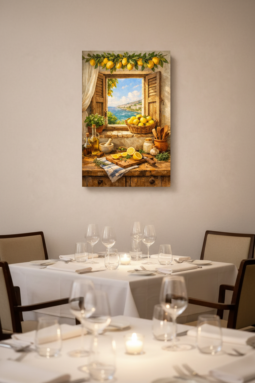 Mediterranean lemon kitchen still life canvas wall art displayed in an upscale restaurant dining room with linen tablecloths and wine glasses - Portugal Canvas Co