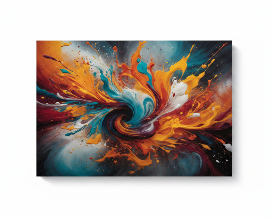 Vibrant abstract swirl canvas wall art floating on white background showing explosive teal orange yellow and red paint swirl - Portugal Canvas Co