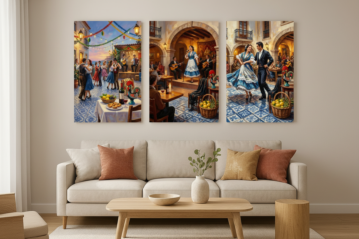 Portuguese festive cultural celebration triptych canvas wall art set displayed as a statement gallery wall in a modern living room - Portugal Canvas Co
